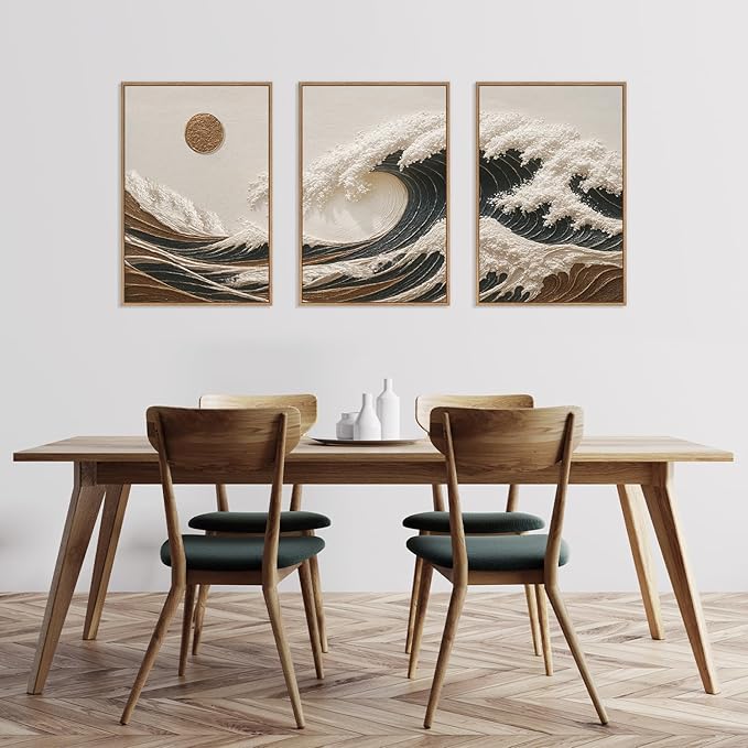 HLNIUC Sea Wave Framed Canvas Wall Art,Abstract Sun Seascape Wall Decor Set of 3(16”x24”) Large Modern Ocean Beach Art Print,Great Wave Sunset Pictures Canvas Painting for Living Room,Bedroom