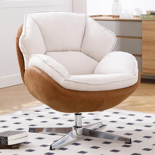 Swivel Accent Chair, Chenille Upholstered Modern Living Room Chair with Backrest 360 Degree Metal Base Armless Reading Chair for Bedroom, Beige