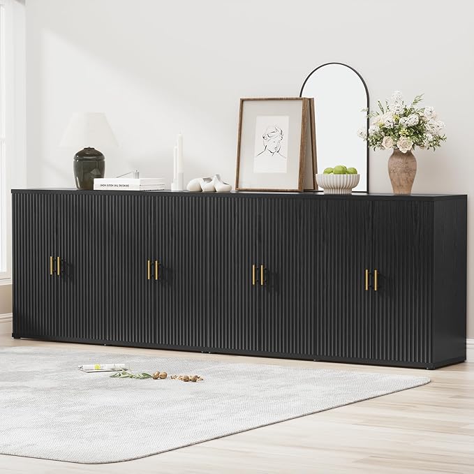 Yechen 94.6" Black Fluted Sideboard Buffet Cabinet with Storage and 8 Doors, Mordern Credenza Storage Cabinet with Adjustable Shelves, Media Console Table, for Living Room Dinning Kitchen(2 PCS)