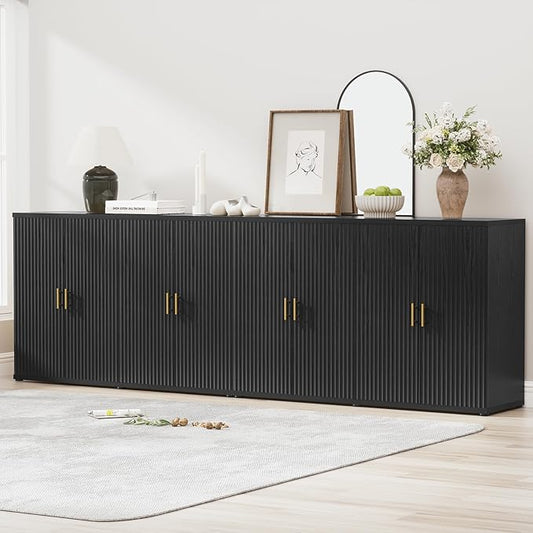 Yechen 94.6" Black Fluted Sideboard Buffet Cabinet with Storage and 8 Doors, Mordern Credenza Storage Cabinet with Adjustable Shelves, Media Console Table, for Living Room Dinning Kitchen(2 PCS)