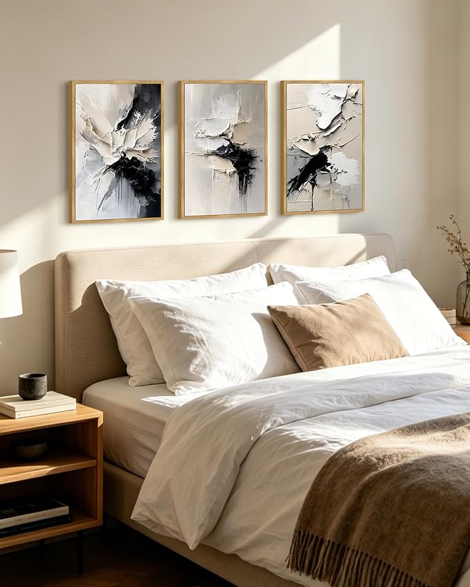 KUVIOKE Navy Blue Abstract Framed Wall Art Minimalist Graffiti Pastel Wall Decor Modern Neutral Color Block Illustration Painting Brush Stroke Art Home Decor 16x24in (Natural Framed)