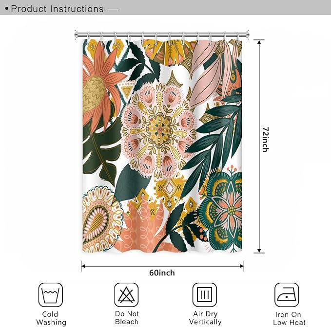 Bohemian Floral Bathroom Shower Curtain Boho Abstract Tropical Leaves Flowers with Hooks Polyester Waterproof Fabric Paisley Unique Trendy Woman Decor, 60x72 Inch