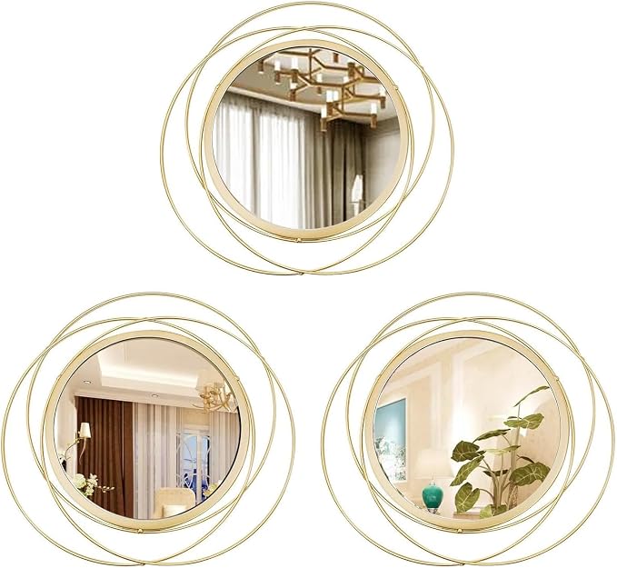 3 Set Round Mirrors for Wall Decor Living Room Bedroom Bathroom Dining Room Metal Circle Mirror Set Boho Decorative Sunburst Wall Art Accent Entryway - Gold 9.5 in