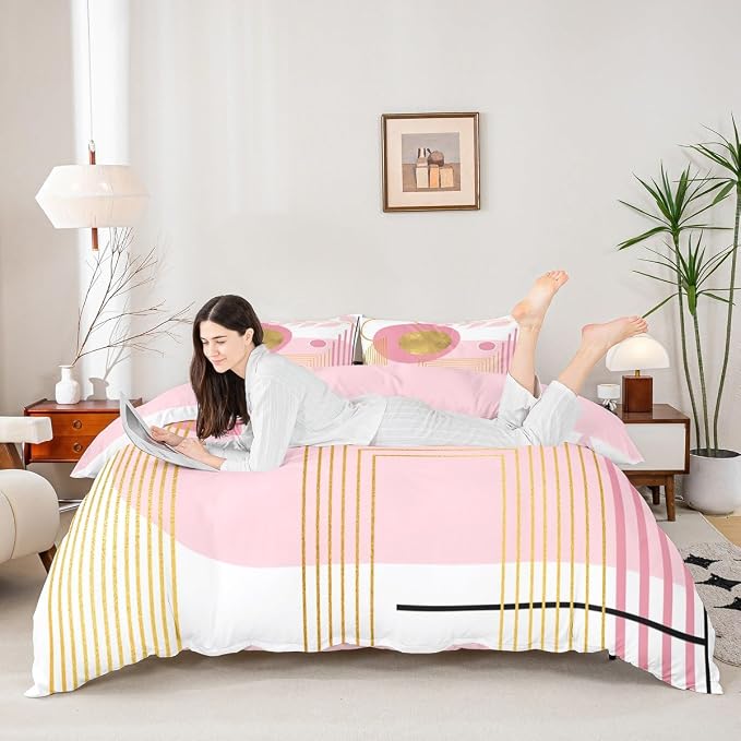 Erosebridal Pink and White Abstract Boho Queen Comforter Cover Minimalist Aesthetic Neutral Duvet Cover Mid Century Modern Bed Set Botanical Leaves Geometric Bedding Set