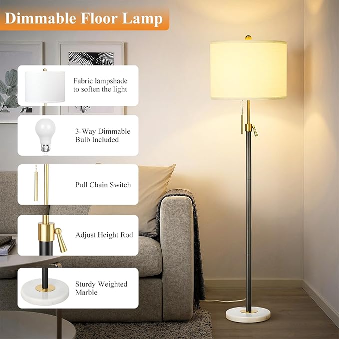 Qingmiao Floor Lamp for Living Room Adjustable Tall Standing Lamp, 3-Way Dimmable Floor Lamp for Bedroom Office, Black Gold Lamp with Marble Base and White Linen Shade