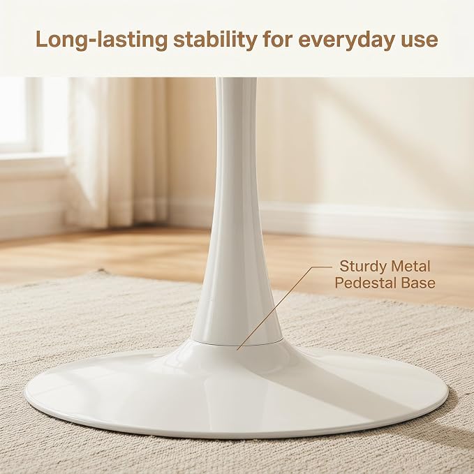 42" White Round Tulip Table for 4-6, Mid Century Modern Pedestal Dining Table with Sturdy Metal Base – Small Space Kitchen, Bistro, Café, Living Room, Office