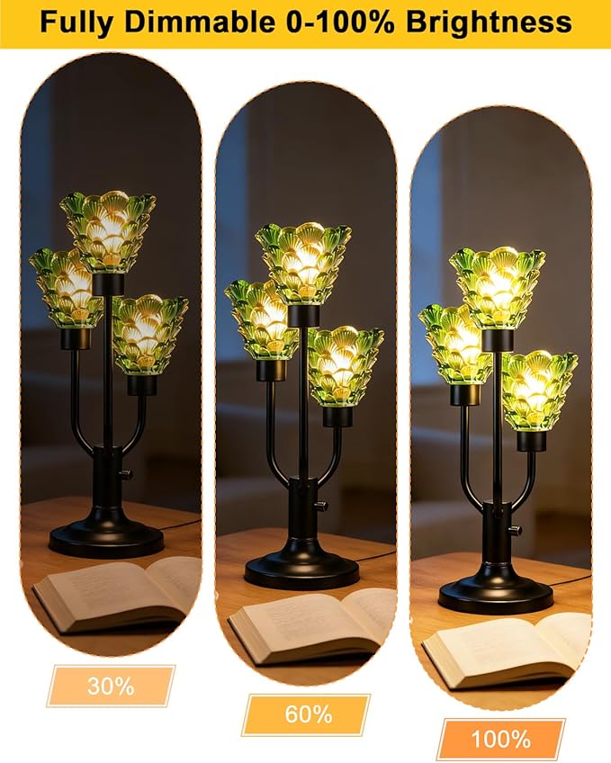 Lightdot Vintage Mid Century Modern Table Lamp Dimmable Nightstand Lamp Black Desk Lamp Green Glass 3 Bulbs Included Warmwhite Ambient Bedside Lamp for Living Room Bedroom Home Office Decor Gift