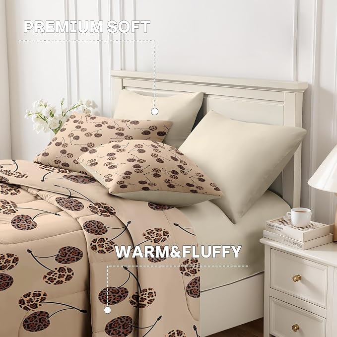 Nesker 7 Pcs Comforter Set Queen Size, Beige Leopard Cherry Bedding Set for Kids and Adults, Cute Modern Brown Sheets Bed Sheet Sets with Fitted Sheet 2 Pillowcases & 2 Shams