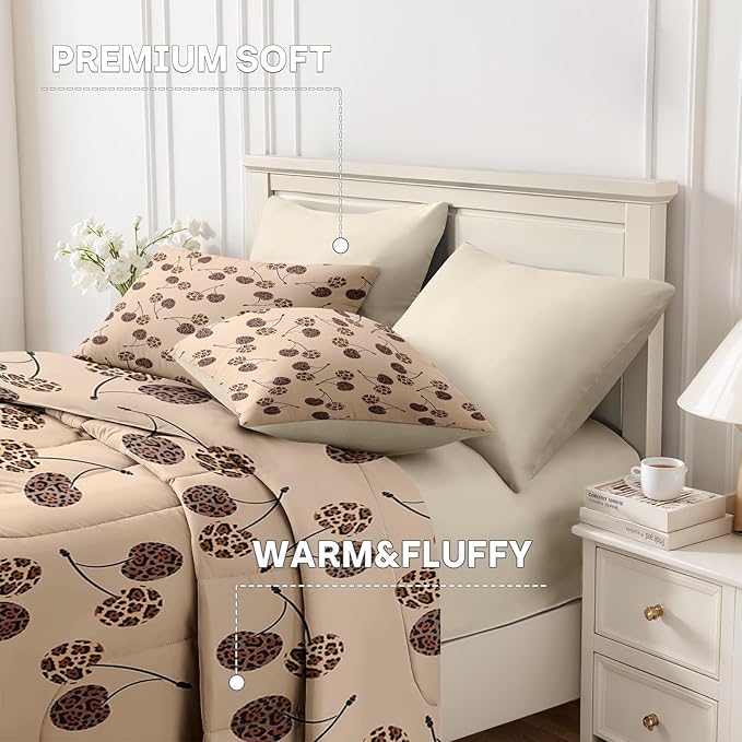 Nesker 5 Pcs Comforter Set Twin Size, Cherry Leopard Beige Bedding Set for Kids and Adults, Modern Cute Brown Bed Sheet Sets with Fitted Sheet Pillowcases & Shams