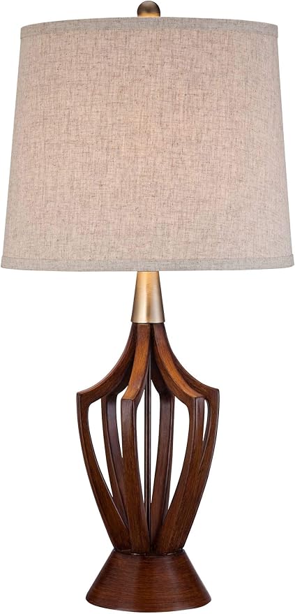 360 Lighting St. Claire Mid Century Modern Table Lamp 30 3/4" Tall Wood Brown Open Vase Taupe Fabric Drum Shade for Bedroom Living Room House Bedside Nightstand Home Office Entryway Family
