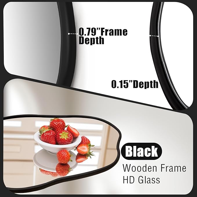 ULIKE Irregular Wall Mirror, 24x36 Inch Black Asymmetrical Mirror with Solid Wood Frame, Abstract Organic Shape Vanity Mirrors for Bathroom Bedroom Living Room Entryway