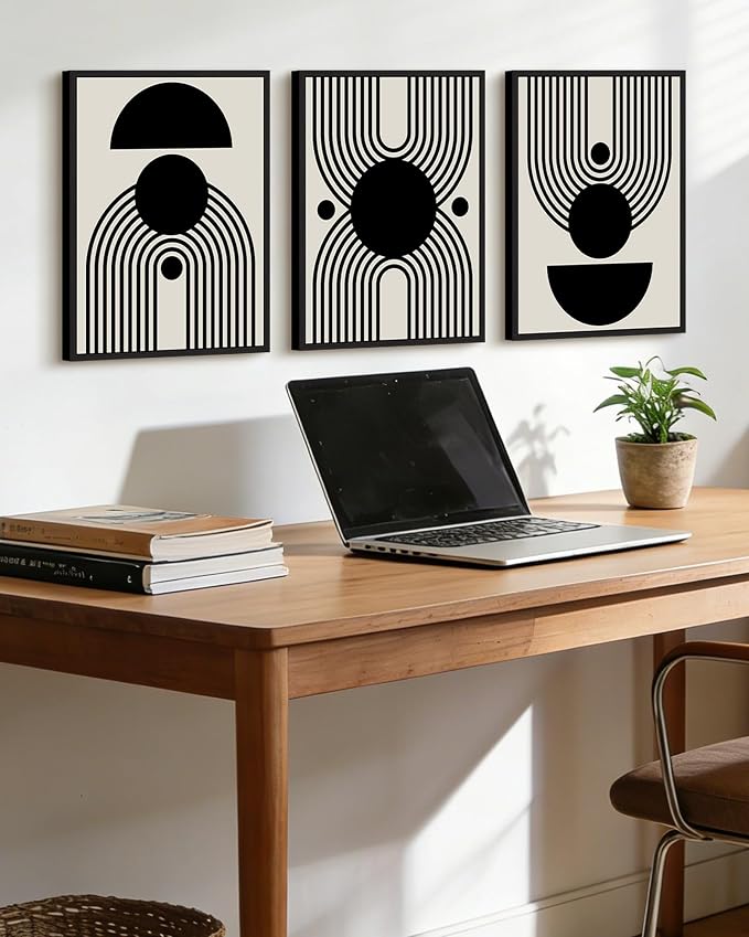 KUVIOKE Black Abstract Framed Wall Art Minimalist Geometry Lines Painting Artwork for Living Room Bedroom 12x16in (Black Framed)