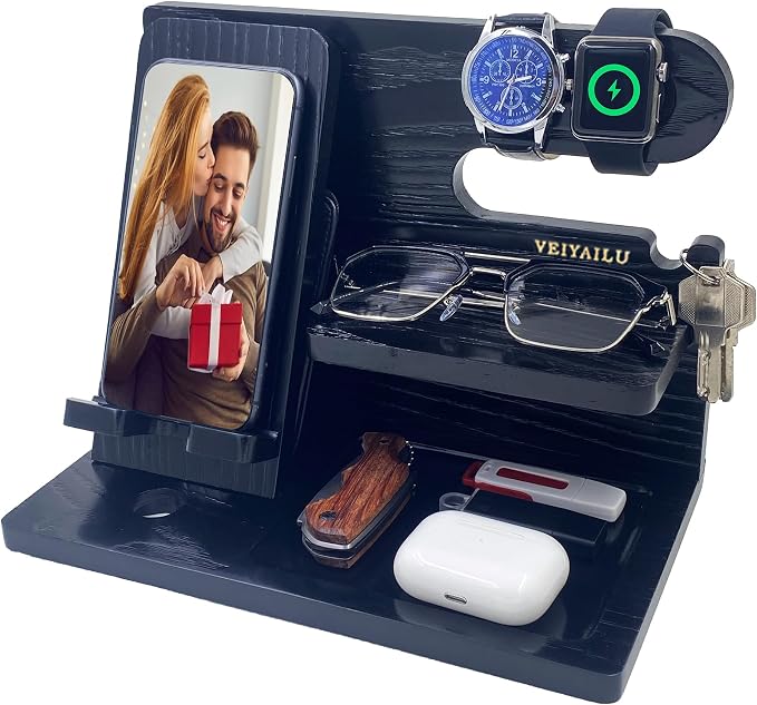 VEIYAILU Gifts for Dad Men Mom Women from Daughter Son Birthday Gifts Nightstand Organizer Mens Wood Phone Docking Station (Black)