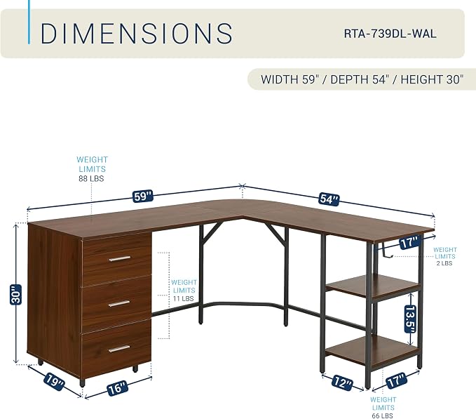 Techni Mobili L Shaped Desk - Two-Toned Computer Desk with Drawers & Storage Shelves - Simple Modern Furniture & Home Office Space Corner Table for Work & Writing