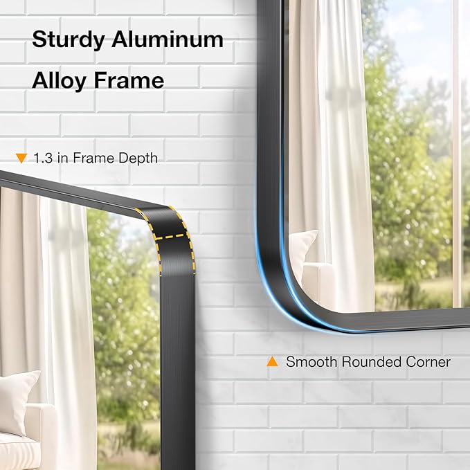 40x36 inch Black Rectangle Bathroom Mirror, Metal Aluminum Frame, HD Tempered Glass, Horizontal/Vertical Hanging, Modern Over Sink Mirror