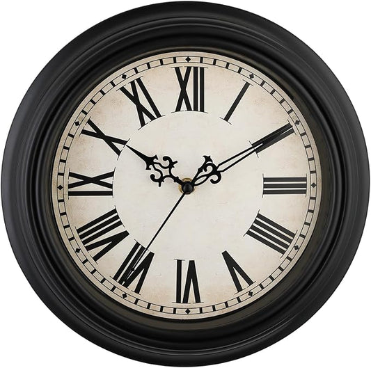 Plumeet Retro Wall Clock, 12'' Non Ticking Classic Silent Vintage Wall Clocks Decorative Kitchen Living Room Bedroom, Roman Numerals, Battery Operated, Black