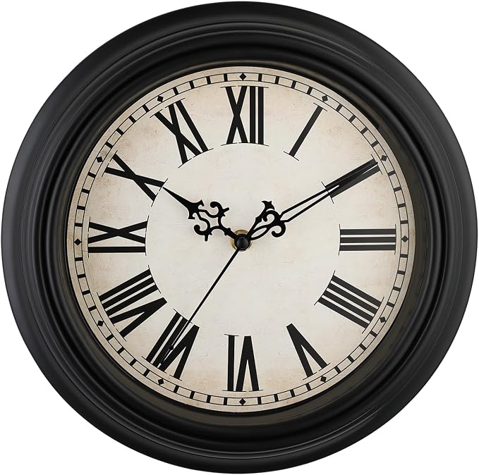 Plumeet Small Retro Wall Clock, 10'' Non Ticking Classic Silent Vintage Wall Clocks Decorative Kitchen Living Room Bedroom, Roman Numerals, Battery Operated, Black