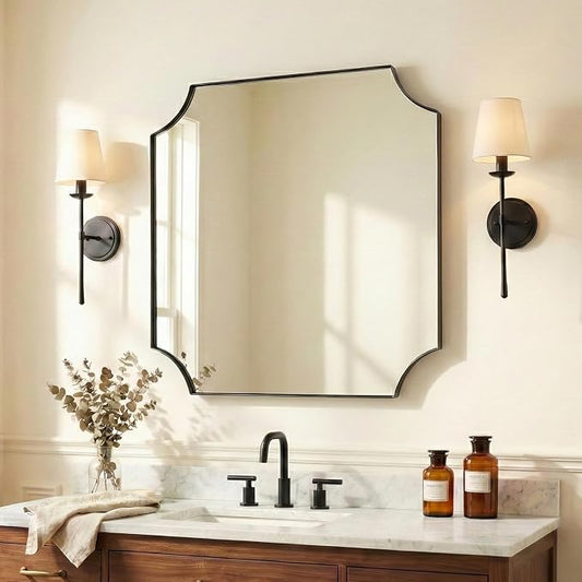 ANDY STAR 30"x30" Square Bathroom Mirror, Matte Black Vanity Mirror, Modern Scalloped Bathroom Mirror in Premium Stainless Steel Frame, Unique Scalloped Corner Design Ideal for Bathroom Remodel