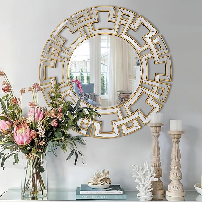 Chende Gold Mirrors for Decor, 32'' Round Wall Mirror with Beveled Glass Frame, Modern Decorative Mirror with Wood Frame for Living Room, Entryway, Dining Room, Bathroom