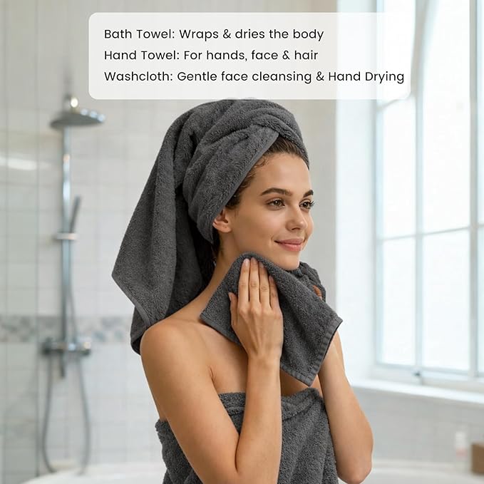 SEMAXE Bathroom Towel Set, 8-Piece Gray Cotton Towels with Loops – 2 Bath, 2 Hand, 4 Washcloths, Soft, Absorbent & Durable
