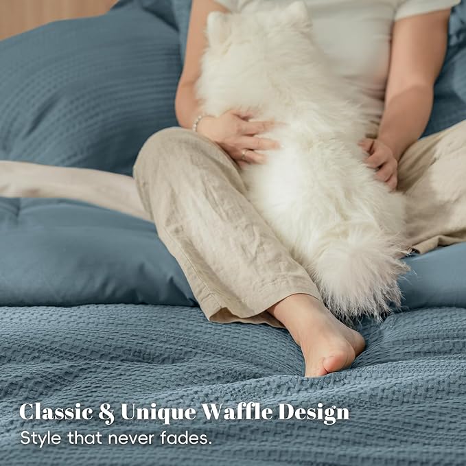 PHF Soft Waffle Comforter Set King Size- Comfy Breathable Waffle Weave Comforter with 2 Pillow Shams, 3 Pieces Less Snagging Lightweight Textured Bedding Set for All Season, Stormy Blue