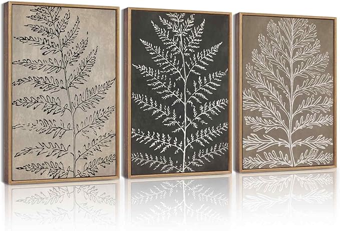 KUVIOKE Vintage Botanical Framed Wall Art Bohemian Black Tan Plant Leaf Wall Decor Nature Fern Plant Silhouette Wall Painting for Living Room Bedroom 12x16in (Natural Framed)