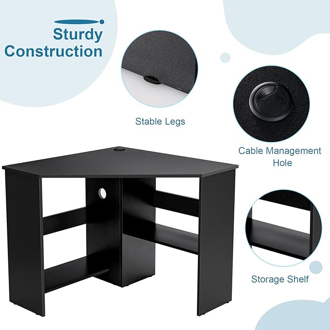 LDAILY Corner Desk, Space Saving 90 Degree Triangle Computer Desk with Storage Shelves & Cable Holes, Wood Compact Corner Writing Table for Small Spaces, Home Office, Bedroom & Living Room, Black