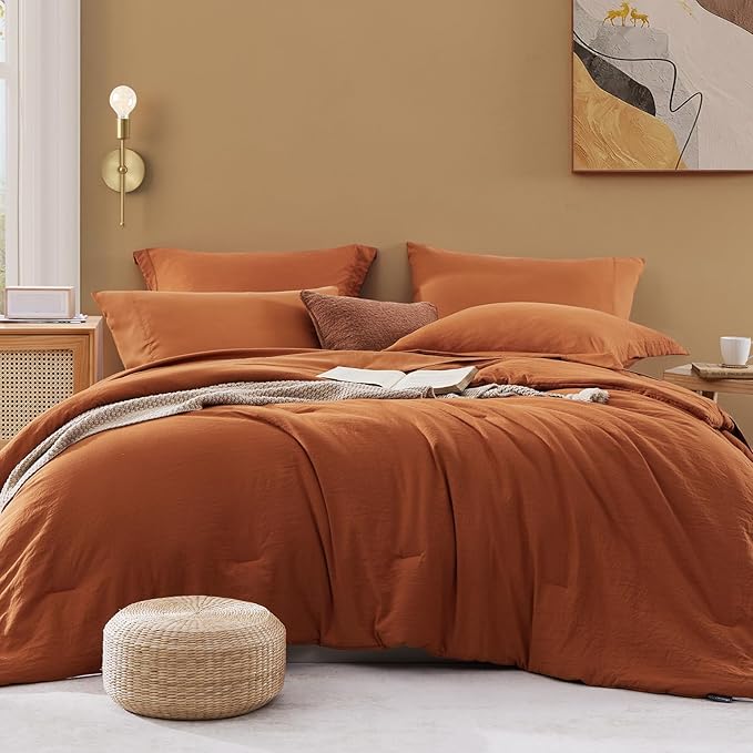 WRENSONGE Super King Plus Comforter Sets- 7 Pieces Soft Burnt Orange Bed in a Bag with Fitted Sheet, Flat Sheet, 2 Shams, and 2 Pillowcases-Warm Bed Sets Fall Comforter for All Seasons