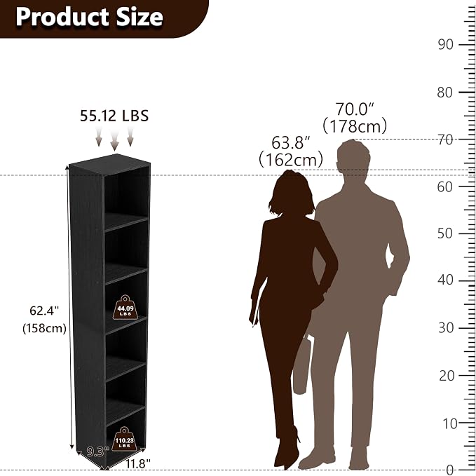 6-Tier Wooden Cube Storage Organizer, 62 Inch Tall Bookcase & Display Shelf with 6 Open Cubes, Freestanding DIY Closet Shelving Unit for Living Room Bedroom Office (Black, 6 Cube-W(11.8inch)