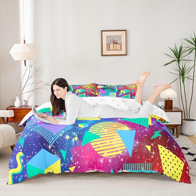 Mens Boys Retro 80s 90s Memphis Comforter Cover Set Full Size,Geometric Round Triangle Shapes Artwork Duvet Cover Colorful Graphic 80s 90S Style Bedding Set Abstract 1990s Memphis Home Decor