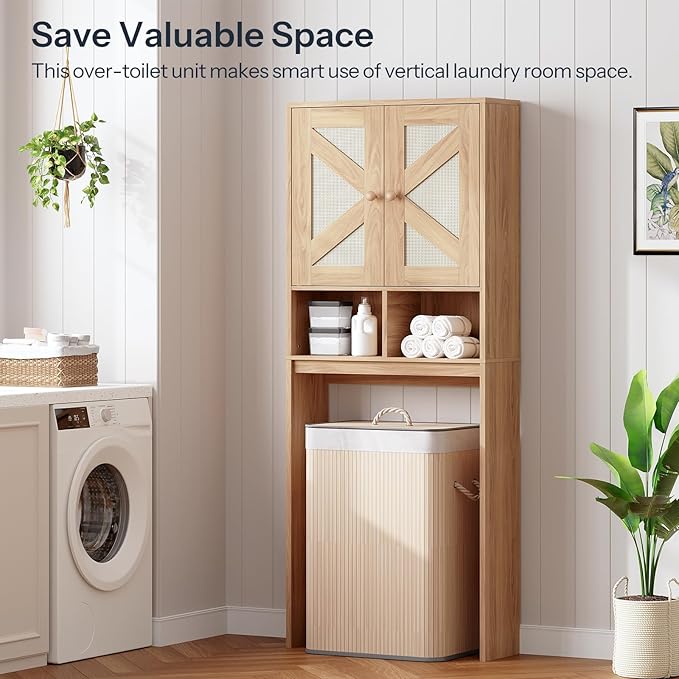 HOOBRO Over The Toilet Storage Cabinet with Rattan-Style Doors, Farmhouse Bathroom Over Toilet Organizer, Bathroom Storage Shelf, Adjustable Shelves, Laundry Room, Natural NL23TS01