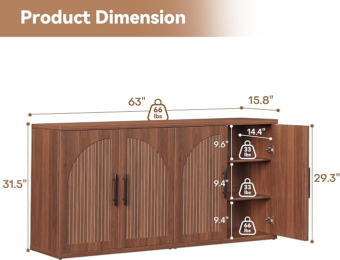63" Fluted Buffet Cabinet with Storage, Mid-Century Symmetrical Arched Sideboard Credenza with Adjustable Shelf, Large Wood Console Table for Dining Room, Kitchen, and Living Room (Walnut)