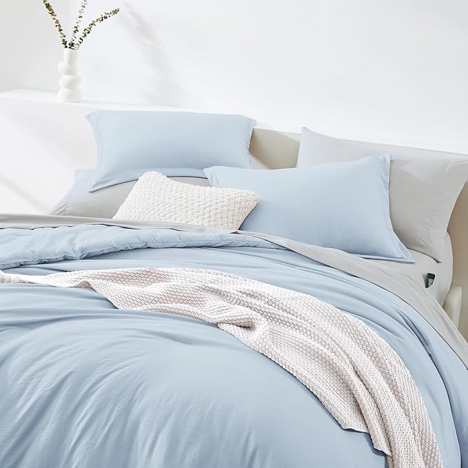WRENSONGE Full Size Comforter Set- 7 Pieces Ice Blue Bed in a Bag Full Size Comforter with Fitted Sheet, Flat Sheet, 2 Pillow Shams, 2 Pillowcases, Warm Bedding Sets for All Season