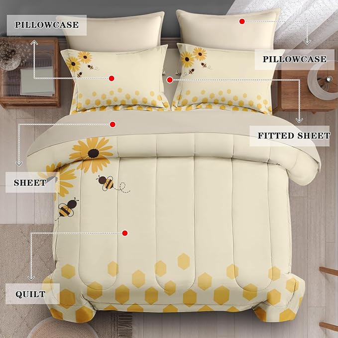 5Pcs Comforter Set Twin Size, Honey Bee Themed Yellow Sunflower, Bedding Decor Cute Daisy Flower Bumble Honeycomb Bedroom Bed Set Flat Sheet Fitted Sheet Pillowcases Shams for Kids and Adults