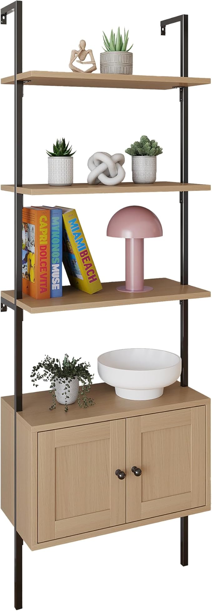 happimess MSH1002B Tulare 72.05" MidCentury Industrial 4-Shelf Wood Wall-Mounted Open Ladder Bookcase with Cabinet and Metal Frame, Light Oak/Black