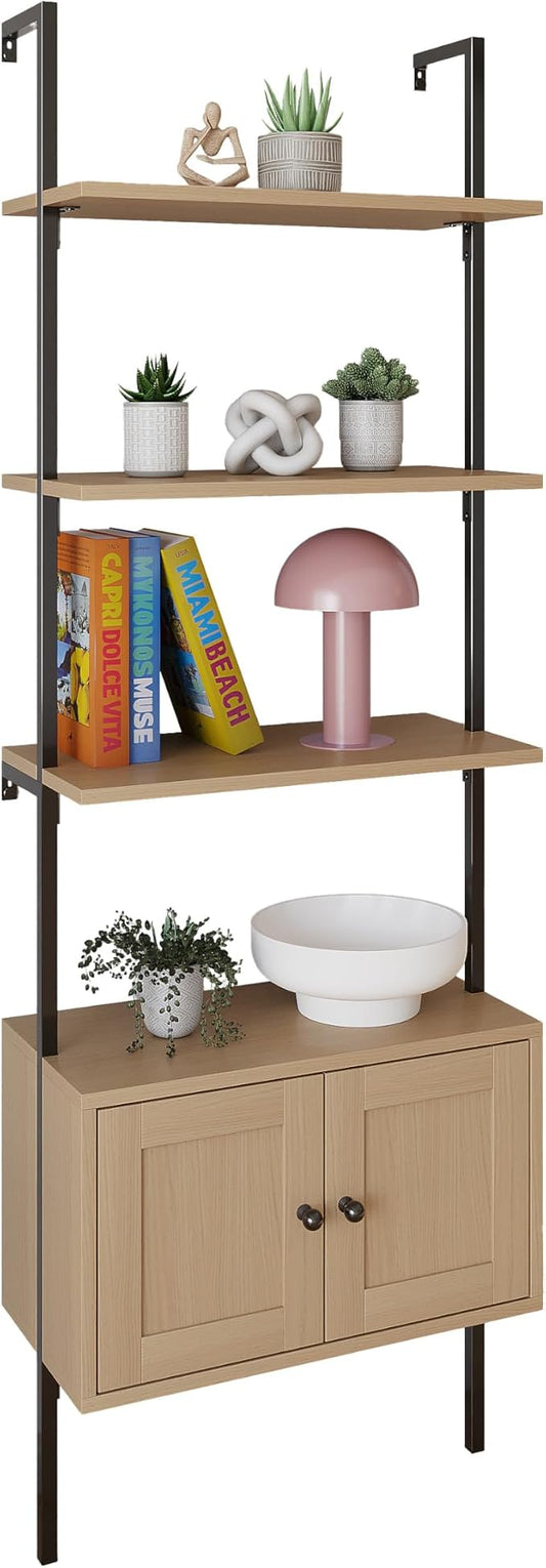 happimess MSH1002B Tulare 72.05" MidCentury Industrial 4-Shelf Wood Wall-Mounted Open Ladder Bookcase with Cabinet and Metal Frame, Light Oak/Black