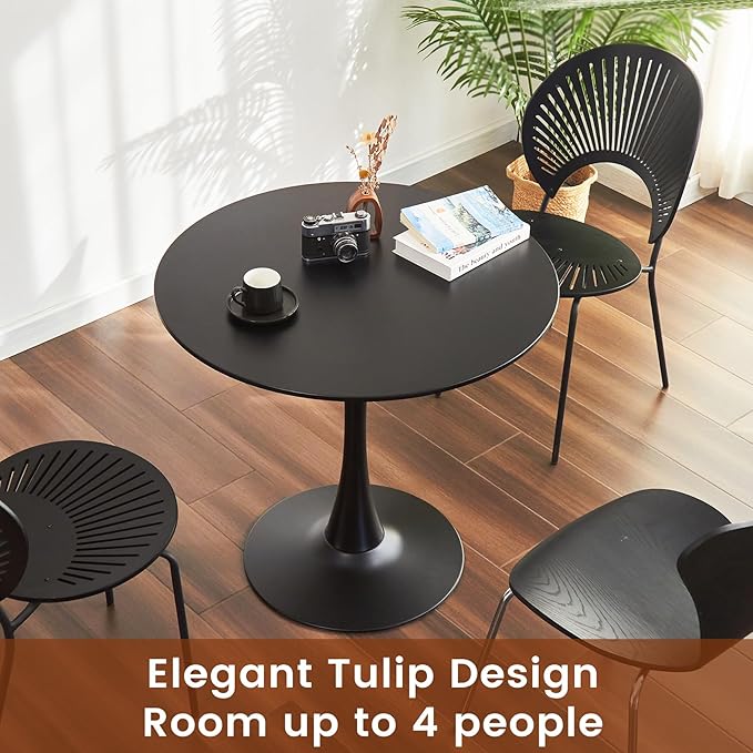 Round Dining Tulip Table for 4, Mid-Century Modern Table with Sturdy Metal Pedestal for Kitchen, Bistro, Cafe, Leisure (Black, 31.5 INCH)