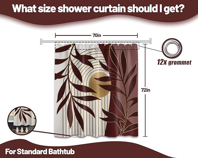 Boho Red Shower Curtain, Mid Century Modern Red Shower Curtains for Bathroom, Waterproof Fabric Set with Hooks, 70" W x 72" L
