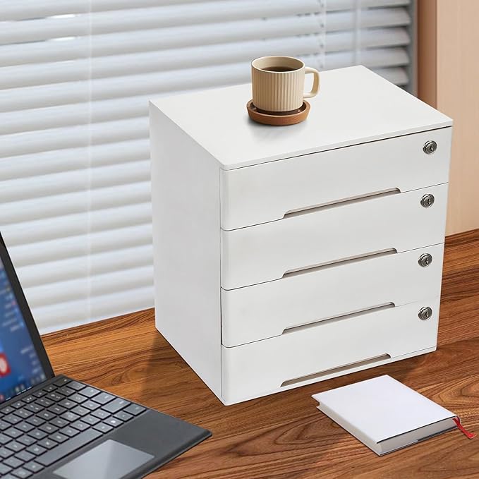 Desktop File Organizer with Lock, 2/3/4 Tier Multi-Drawer Wooden Storage Cabinet, Office Supply Organizer for Home Desk, Study & Workplace (White, 4 Layers)