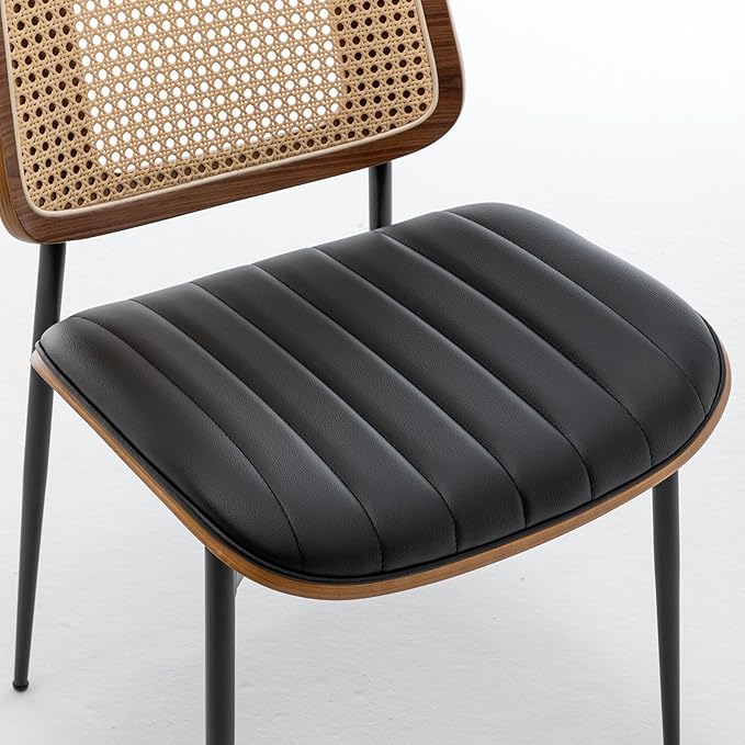 LUNLING Dining Chairs Set of 4 Mid Century Modern Retro Faux Leather Kitchen Chair with Walnut Bentwood Upholstered Seat Metal Legs Adjustable Foot for Kitchen Dining Room Chairs(Black-Rattan Back)