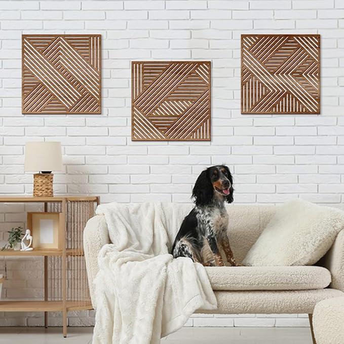 Bnesi 3 Piece Abstract Geometric Wood Wall Art Decor Modern Boho Minimalist Slatted Design Wall Sculpture Art Decor for Living Room Bedroom Home Bathroom (Exquisite, Medium)