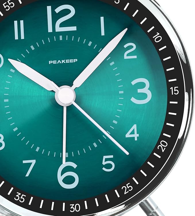 Peakeep Loud Alarm Clock for Heavy Sleepers Adults, Metal 4.5" Twin Bell Battery Operated Alarm Clocks for Bedrooms Decoration (Peacock Green)