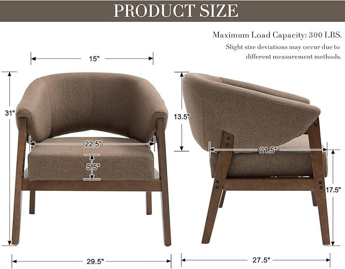 CIMOTA Mid-Century Modern Accent Chair, Comfy Barrel Armchair with Wide Seat, Upholstered Lounge Chair with Walnut Wood Legs for Living Room/Bedroom/Reading Corner, Linen Fabric, Brown, 1PC