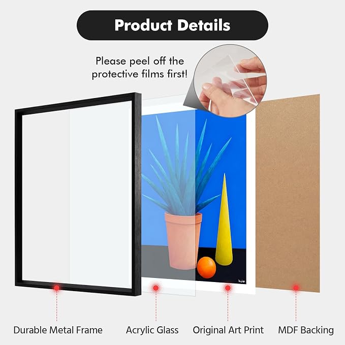 Framed Abstract Geometric Wall Art for Living Room, 11x14 Inch Modern Plant Print, Colorful Minimalist Artwork for Walls with Matte Black Metal Frame and Acrylic Front, Bedroom Office Wall Decor