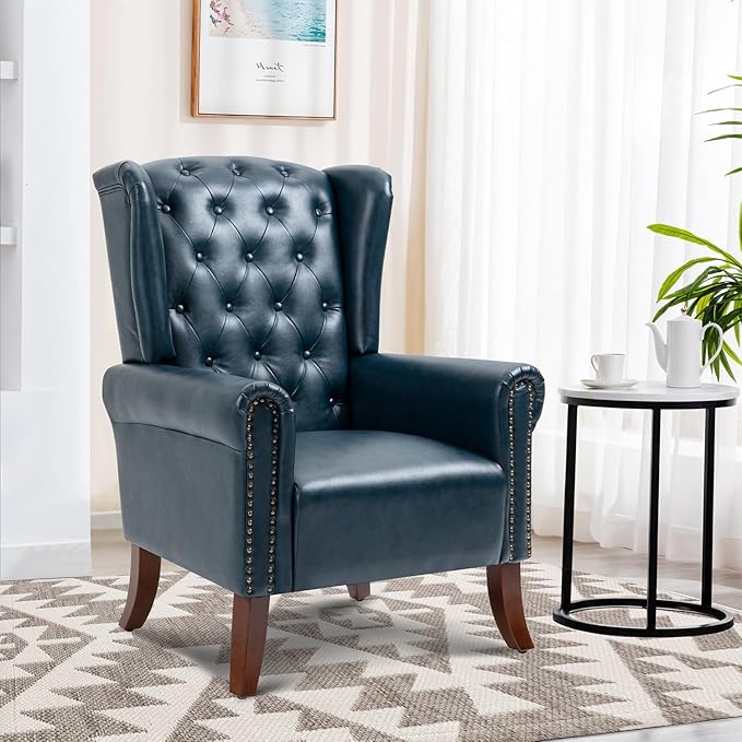 Faux Leather Accent Chair, Mid-Century Armchair Upholstered Club Sofa Chair with Wooden Legs, High Back Living Room Chair for Bedroom, Office, Lounge (Blue)