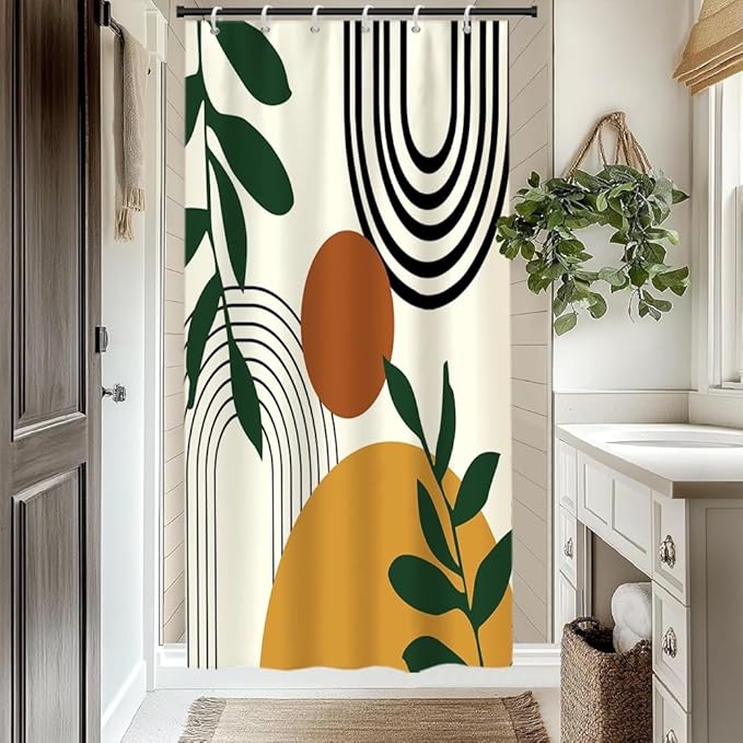 Boho Mid Century Shower Curtains for Bathroom Abstract Minimalist Bathroom Set Decor Stripes Palm Leaves Chic Aesthetic Bathtub Curtains Washable Waterproof Polyester Fabric with Hooks 48x72 Inch