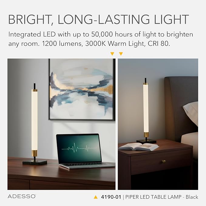 Adesso LED Table Lamp – Black with Antique Brass and Frosted Shade, 4-Way Brightness, 12W Integrated LED Accent Light for Living Room, Bedroom, and Home Office, 30” Tall