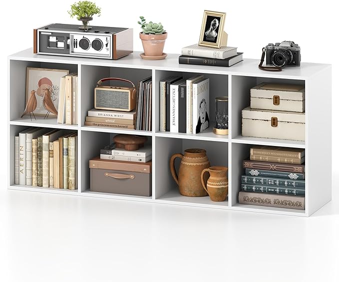 Tangkula 8-Cube Bookcase, Large Floor Standing Horizontal Bookshelf with 8 Open Shelves & 2 Anti-Tipping Kits, Home Office Wooden Storage Book Shelf for Living Room, Study (White, 8-Cube)