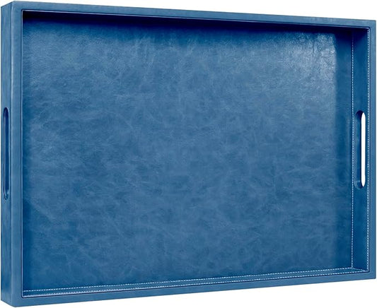 20 * 14 inches Leather Rectangle Serving Tray with Hole Handles,High-End Light Large Service Tray for Ottoman Tray, Tea, Food, Butler - Countertop, Kitchen,Family Dinner, Picnic (Blue)