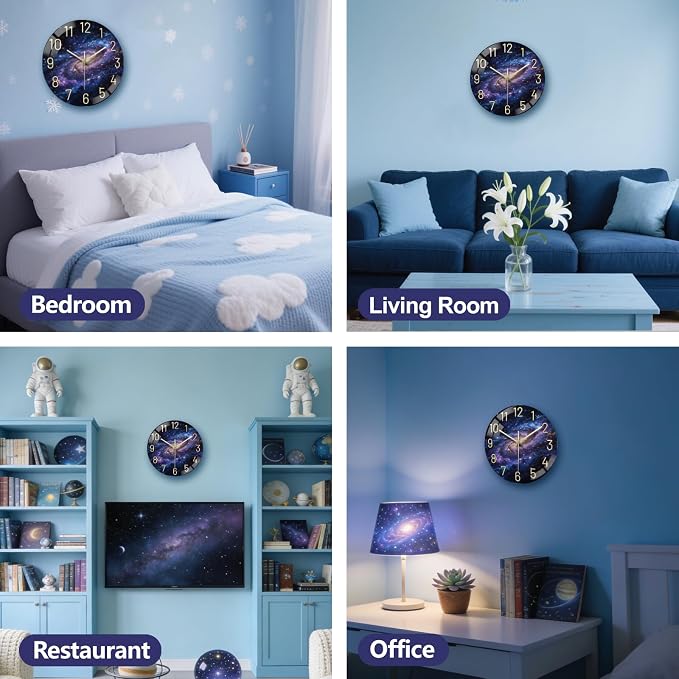 peacoblue Wall Clocks Battery Operated 12 Inch Universe Galaxy and Starry Sky Glass Round Wall Clock Non Ticking for Kitchen Living Room Dining Room Bedroom and Bathroom Decor (Battery not Included)